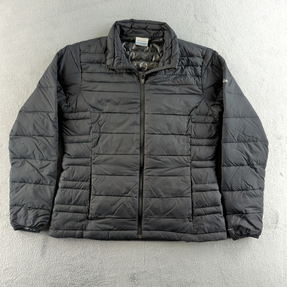 Columbia Omni-Heat Puffer Jacket Womens Large Black Full Zip Coat Down Insulated